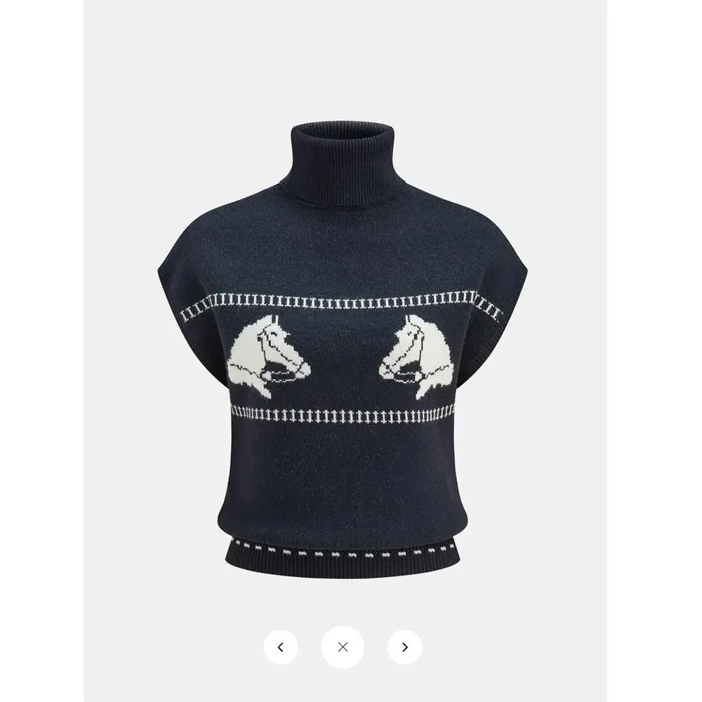 NWT Commense Horse-Pattern Cap Sleeve Turtleneck Sweater Vest Sz S